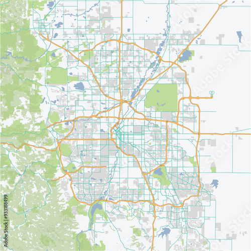 Road map of Denver in Colorado. Contains layered vector with roads water, parks, etc.