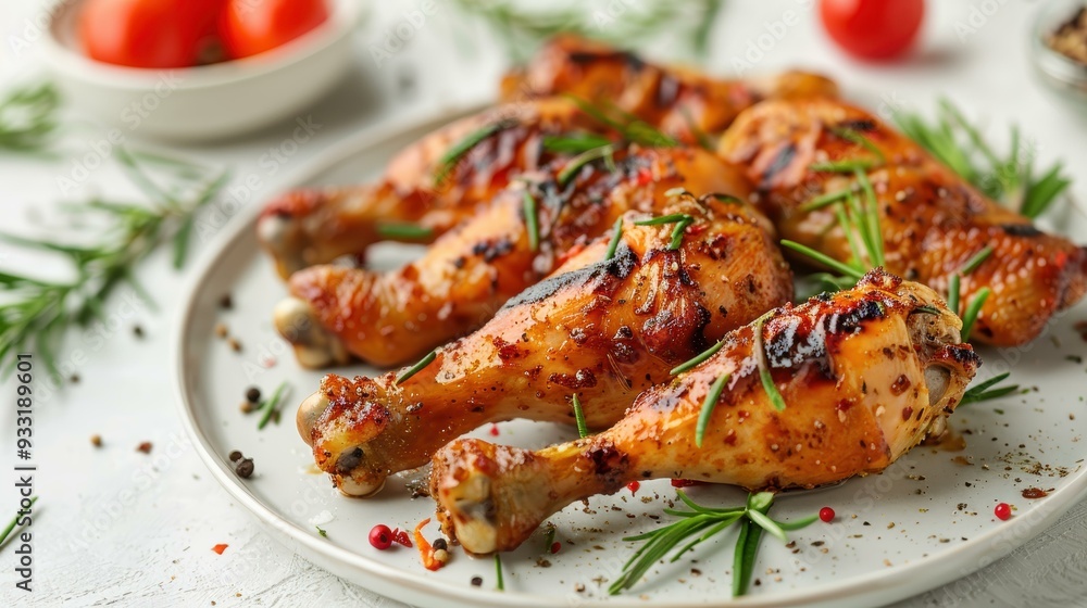 Grilled chicken drumsticks garnished with fresh rosemary on a white plate, ideal for culinary blogs, restaurant menus, or healthy eating campaigns Grilled chicken drumsticks garnished with fresh rosemary on a white plate, ideal for culinary blogs, restaurant menus, or healthy eating campaigns