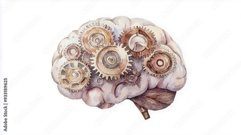 A brain with gears, mental strength and resilience, steampunk elements, watercolor illustration, isolated on white background A brain with gears, mental strength and resilience, steampunk elements, watercolor illustration, isolated on white background