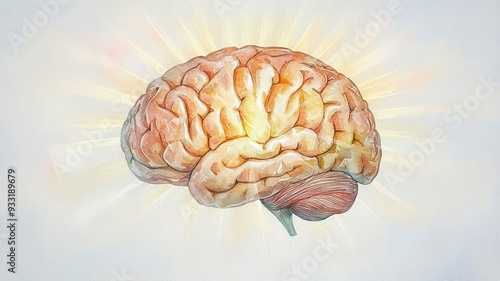 A brain with light rays emanating, mental awareness, bright yellows, watercolor illustration, isolated on white background