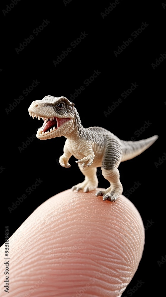 Obraz premium Tiny dinosaur perched on a fingertip with mouth agape in dramatic macro shot