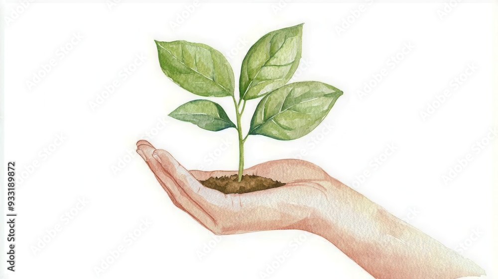 A hand holding a growing plant, nurturing mental health, green tones, watercolor illustration, isolated on white background A hand holding a growing plant, nurturing mental health, green tones, watercolor illustration, isolated on white background