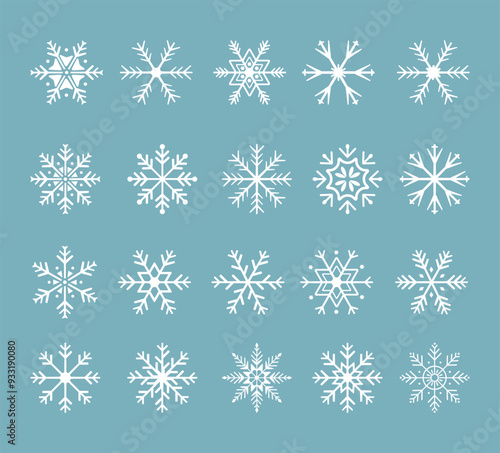 Set of cute snowflake icons on isolated background New Year ornament Symbols for mobile apps and website design. Flat snowflake icons, silhouette. 