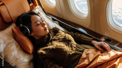 A close-up of a woman in a plane seat, eyes closed and headphones on, immersed in relaxation, soft cabin lighting creating a cozy and peaceful environment, A woman relaxing comfortably in a plane.