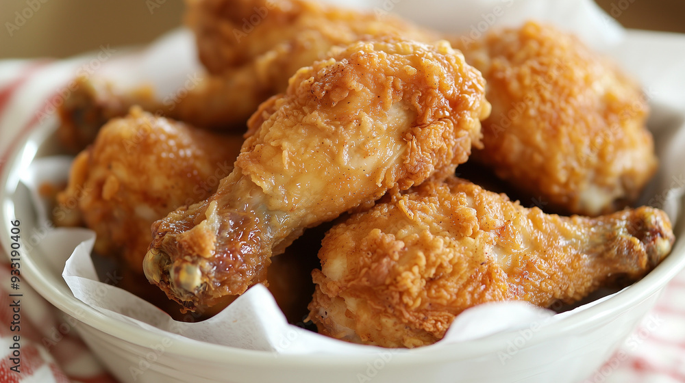 Close-up of Golden-Brown, Crispy Fried Chicken Wings in a White Bowl on a Beige Tablecloth, Captured with Natural Golden Hour Lighting, 35mm Lens, and f/2.8 Aperture, in a Cozy Kitchen Setting Close-up of Golden-Brown, Crispy Fried Chicken Wings in a White Bowl on a Beige Tablecloth, Captured with Natural Golden Hour Lighting, 35mm Lens, and f/2.8 Aperture, in a Cozy Kitchen Setting