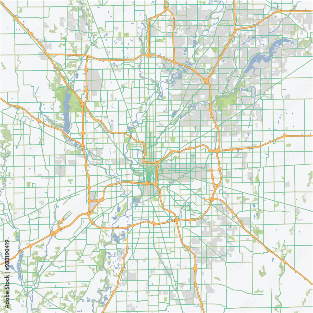 Fototapeta premium Road map of Indianapolis in Indiana. Contains layered vector with roads water, parks, etc.