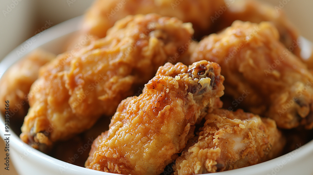 Close-up of Golden-Brown, Crispy Fried Chicken Wings in a White Bowl on a Beige Tablecloth, Captured with Natural Golden Hour Lighting, 35mm Lens, and f/2.8 Aperture, in a Cozy Kitchen Setting Close-up of Golden-Brown, Crispy Fried Chicken Wings in a White Bowl on a Beige Tablecloth, Captured with Natural Golden Hour Lighting, 35mm Lens, and f/2.8 Aperture, in a Cozy Kitchen Setting
