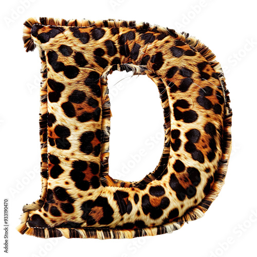 The letter 'D' made with leopard skin isolated on a white transparent background