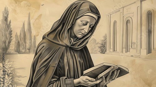 Saint Gertrude of Nivelles' devotion in prayer, holding a book of spiritual writings, tranquil garden, beige background, Biblical Illustration, copyspace photo