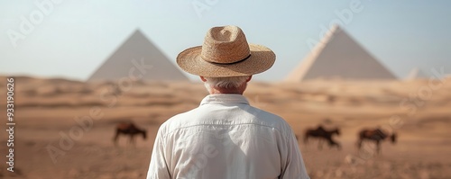 Retired individual gazing at the pyramids, fulfilling lifelong travel dreams thanks to pension security, bucket list travel, pension-funded exploration