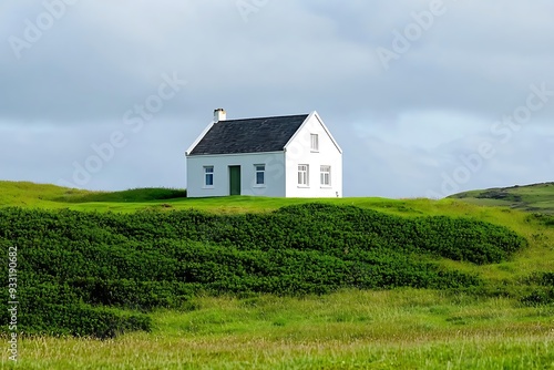 A small white house is sitting on a grassy hill.