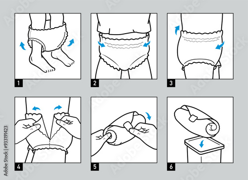 Icons set for Instruction of using diaper pants. The outline icons are well scalable and editable. Contrasting vector elements are good for different backgrounds. EPS10.