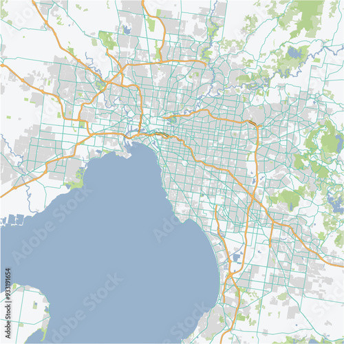Road map of Melbourne in Australia. Contains layered vector with roads water, parks, etc.