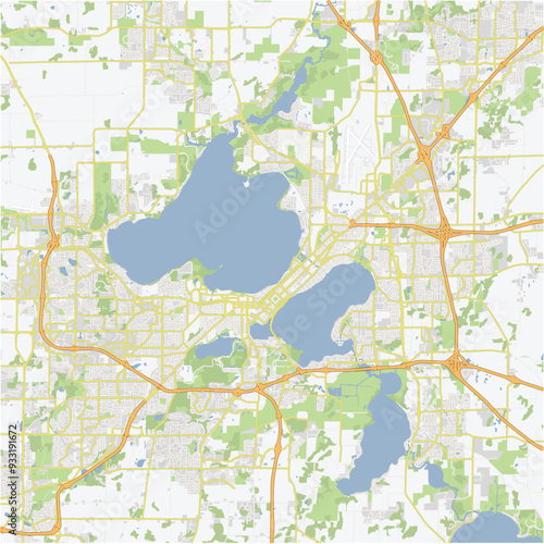 Road map of Madison in Wisconsin. Contains layered vector with roads water, parks, etc.