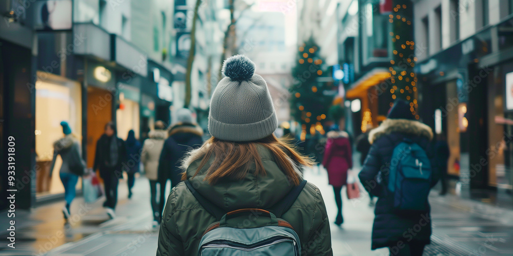 Fototapeta premium Young woman with backpack walking in the city center at Christmas time