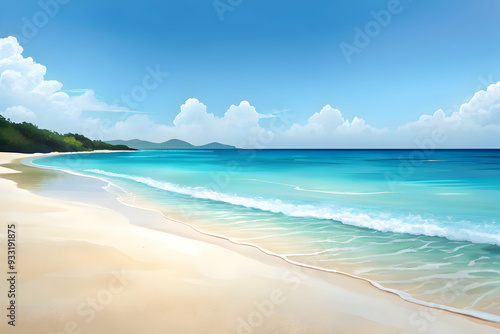 Photo Realistic as Scenic beach with a clear horizon concept as A serene beach scene with a clear horizon symbolizing relaxation and hard work ideal for business presentations needing a clean and peac