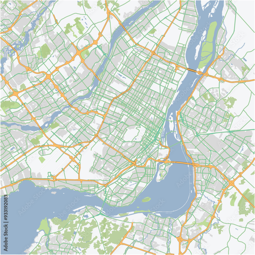Obraz premium Road map of Montreal in Canada. Contains layered vector with roads water, parks, etc.