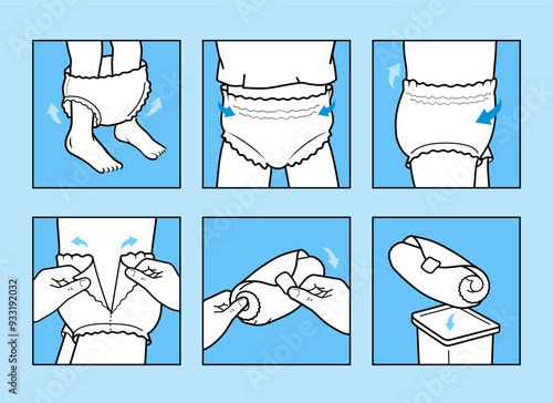 Icons set for Instruction of using diaper pants. The outline icons are well scalable and editable. Contrasting vector elements are good for different backgrounds. EPS10.