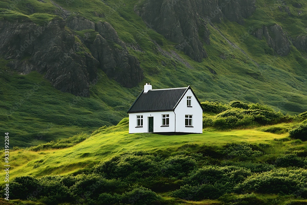 A small white house is sitting on a grassy hill. A small white house is sitting on a grassy hill.