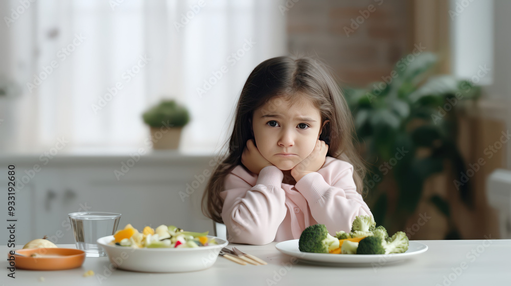 A pretty kid girl is bored and refusing to eat her dinner healthy vegetables,Nutrition and healthy eating habits for children. A pretty kid girl is bored and refusing to eat her dinner healthy vegetables,Nutrition and healthy eating habits for children.