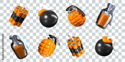 3D cannon ball, grenade, bottle with incendiary mixture, dynamite sticks