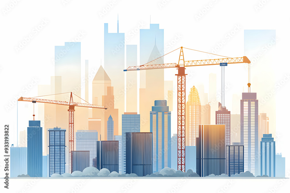 Photo Realistic as Skyline with construction cranes concept as A dynamic city skyline with construction cranes symbolizing growth and hard work perfect for business presentations needing a clean and p Photo Realistic as Skyline with construction cranes concept as A dynamic city skyline with construction cranes symbolizing growth and hard work perfect for business presentations needing a clean and p
