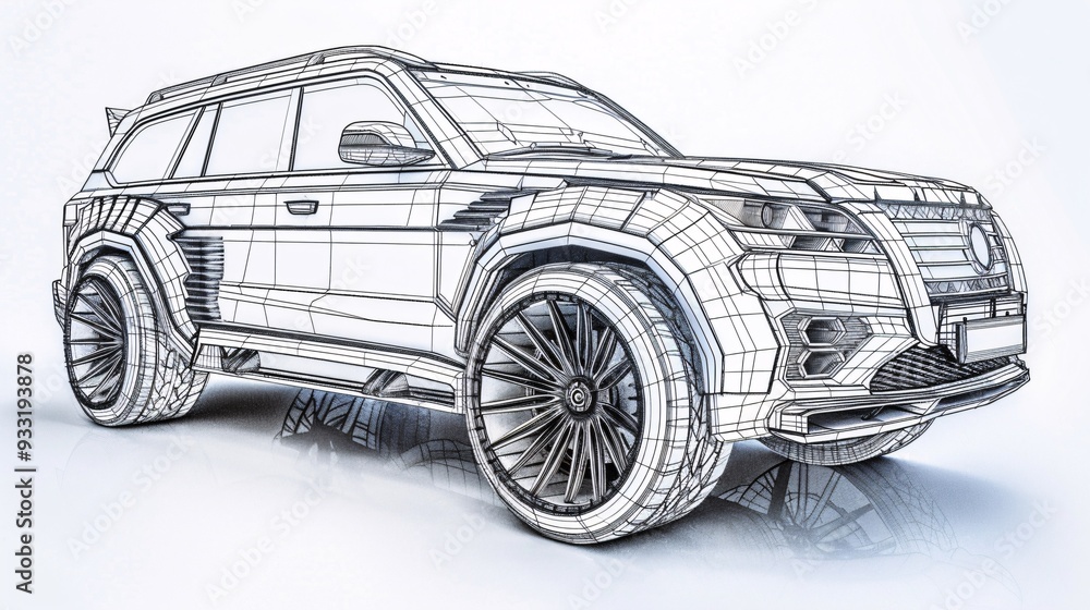 Fototapeta premium Detailed 3D shaded drawing of a model highlighting a luxury SUV, rendered with ultra-sharp and clear details