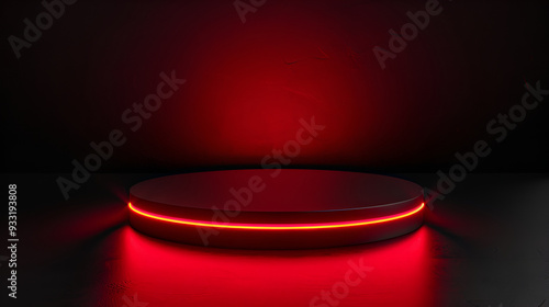 Cylinder podium with white neon lights on red background. Concept of design for product display,Cylinder podium with white neon lights on red background Concept of design for product display

