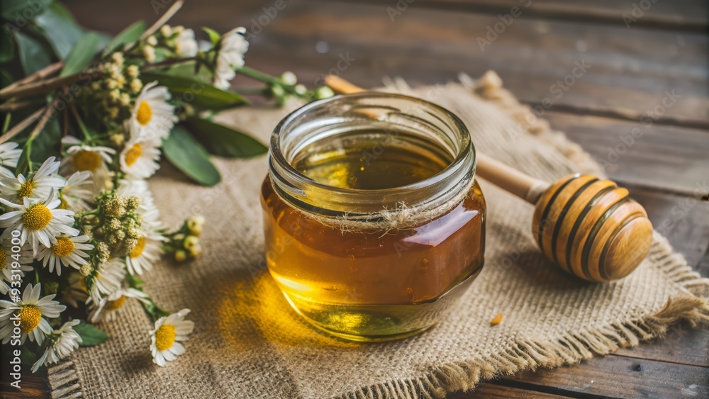Honey Dipper and Honey in Jar on Wooden Table with Flowers Honey Dipper and Honey in Jar on Wooden Table with Flowers