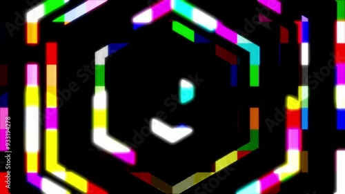 Colorful snowflake. Glows symbol on black background. Abstract winter concept. VJ Christmas 