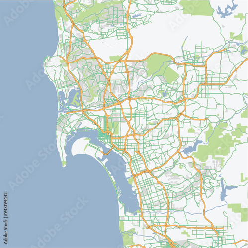 Road map of San Diego in California. Contains layered vector with roads water, parks, etc.