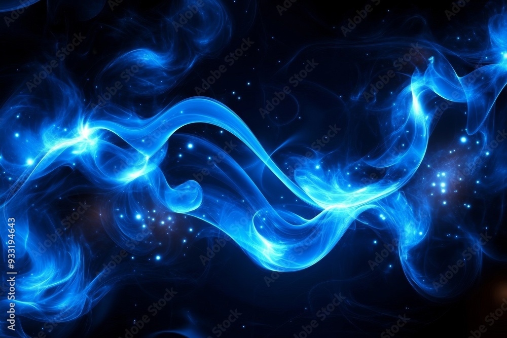 Obraz premium Abstract blue background with glowing circular shapes and swirls. Blue abstract light effect on a dark black background, with smoke and an energy flow. Generative AI
