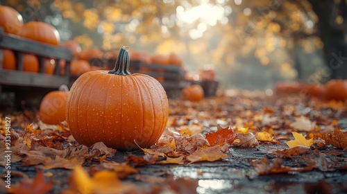 Bright orange pumpkins in a rustic patch during autumn foliage