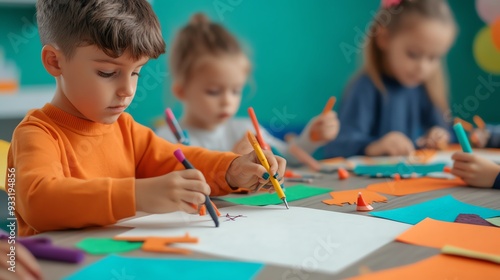 Kids creating Halloween collages with paper, glue, and markers