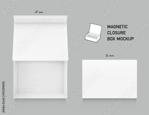 White box with magnetic close. Vector illustration isolated on grey background. Taking your 2D designs into 3D. Can be use for gift box, luxury, cosmetics, electronics and other goods. EPS10.