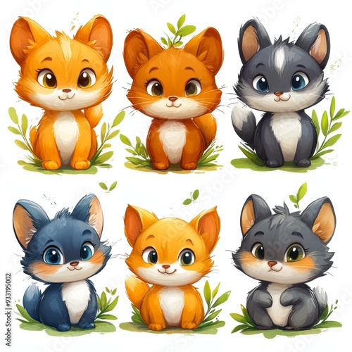 Cute cartoon foxes and raccoons in vibrant colors and playful poses ideal for children's books, educational materials, or nursery decor applications,