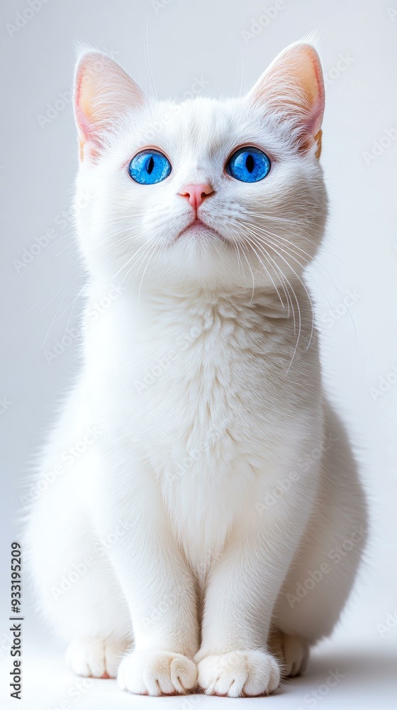 White cat with striking blue eyes sitting against a plain white background, ideal for pet-related content, advertisements, or calming imagery, White cat with striking blue eyes sitting against a plain white background, ideal for pet-related content, advertisements, or calming imagery,