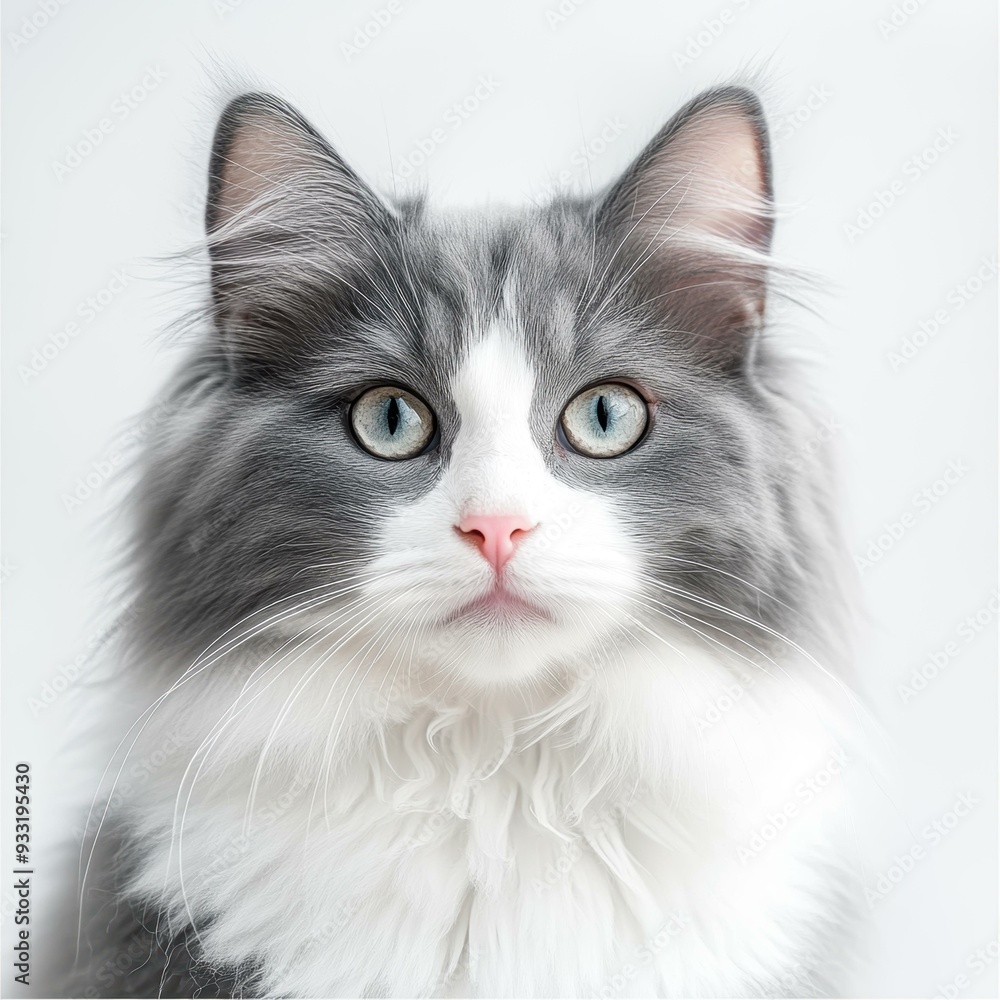 A close-up image of a fluffy grey and white cat with striking blue eyes, perfect for pet industry advertisements, veterinary websites, animal care blogs A close-up image of a fluffy grey and white cat with striking blue eyes, perfect for pet industry advertisements, veterinary websites, animal care blogs