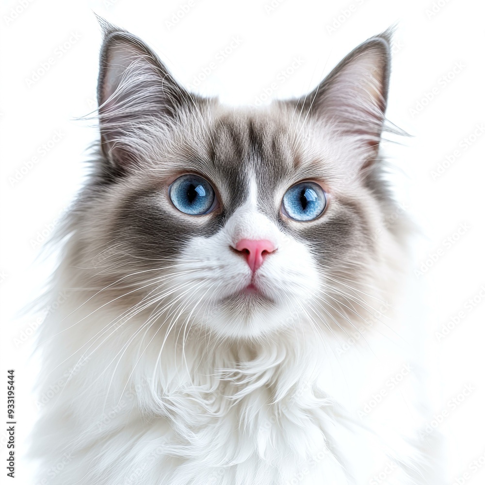 A striking close-up of a Ragdoll cat with piercing blue eyes and soft fur on a white background, suitable for pet blogs, cat lover products, or veterinary ads, A striking close-up of a Ragdoll cat with piercing blue eyes and soft fur on a white background, suitable for pet blogs, cat lover products, or veterinary ads,