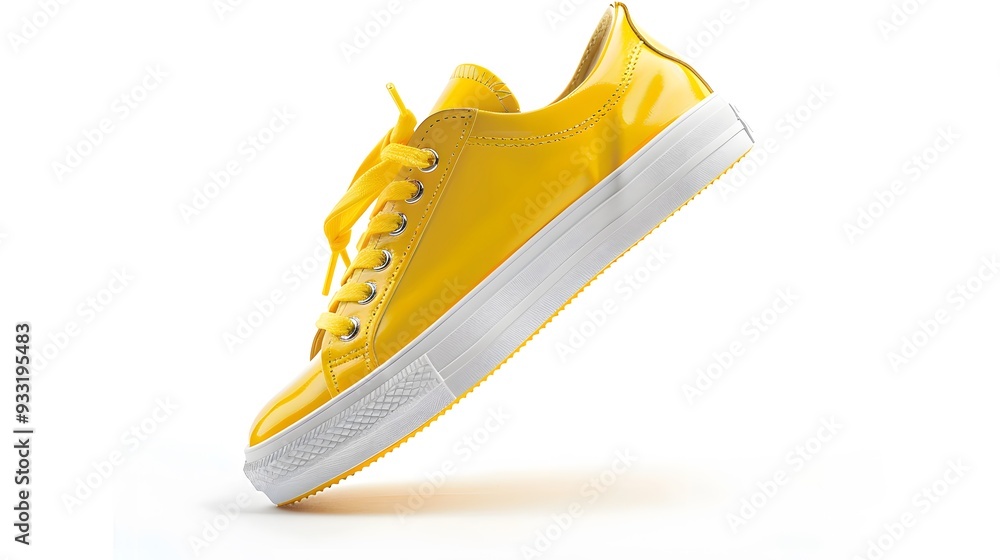 Flying yellow leather womens sneakers isolated on white background. Fashionable stylish sports casual shoes. Creative minimalistic layout with footwear. Mock up for design advertising for shoe store. Flying yellow leather womens sneakers isolated on white background. Fashionable stylish sports casual shoes. Creative minimalistic layout with footwear. Mock up for design advertising for shoe store.