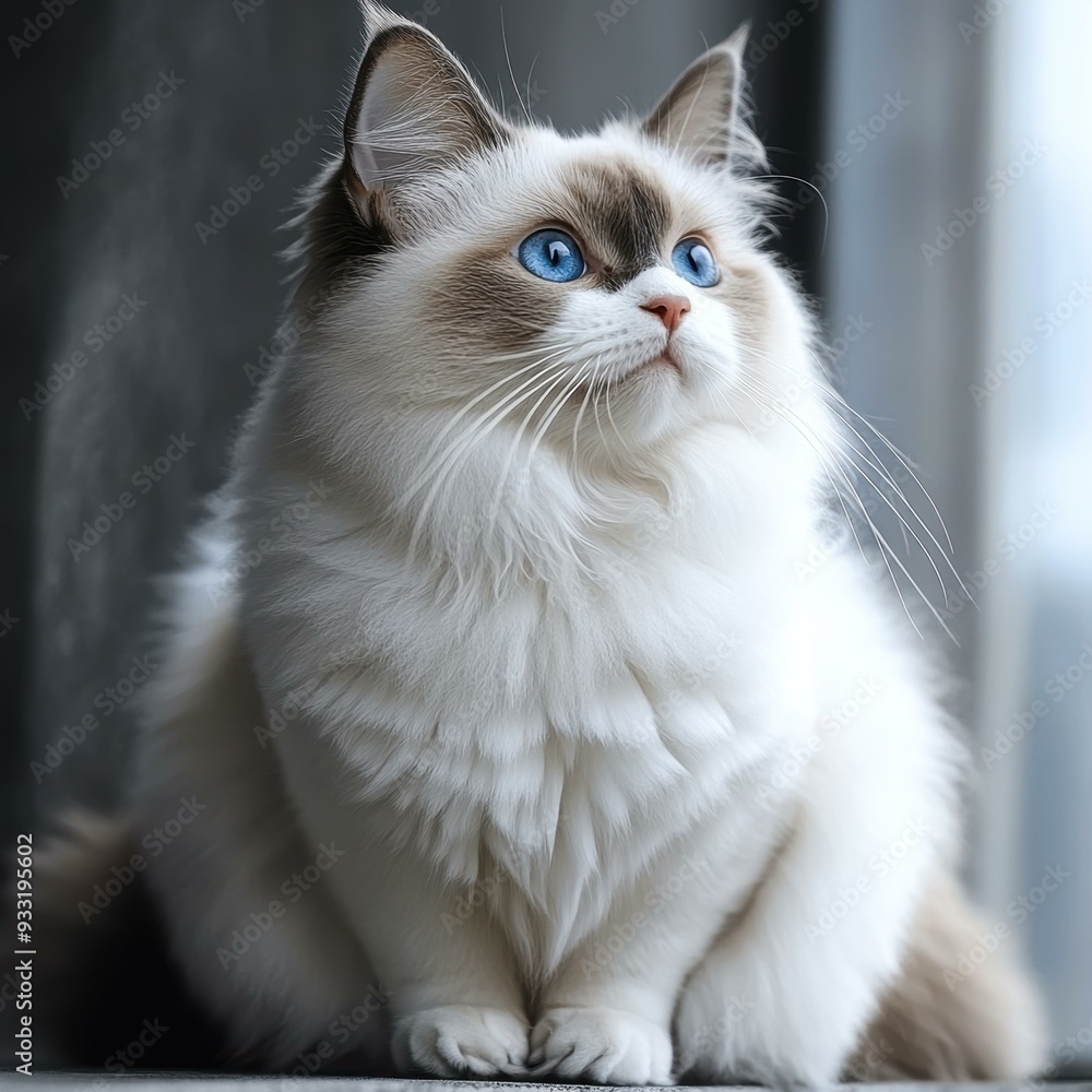 A beautiful fluffy white and brown cat with striking blue eyes gazes intently, perfect for pet adoption promotions, veterinary services, or cat care products ads, A beautiful fluffy white and brown cat with striking blue eyes gazes intently, perfect for pet adoption promotions, veterinary services, or cat care products ads,