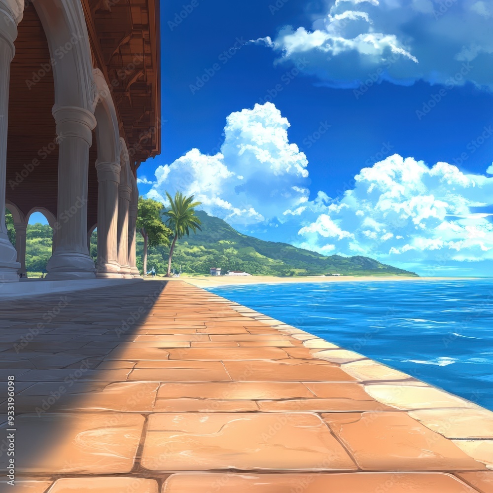 Serene waterfront path under vibrant skies at a coastal retreat Serene waterfront path under vibrant skies at a coastal retreat