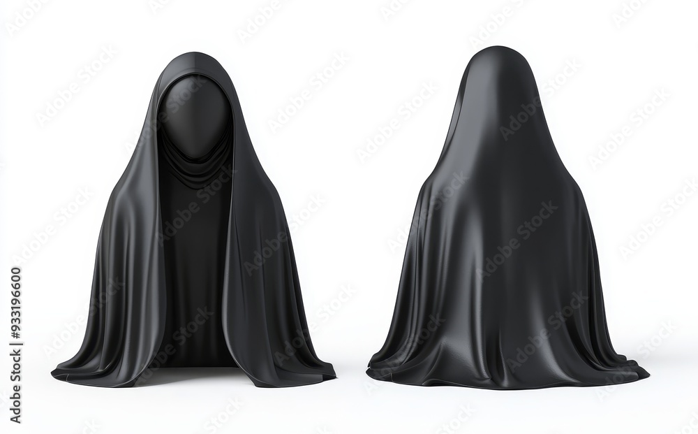 A mockup of a female black niqab, front and back A mockup of a female black niqab, front and back