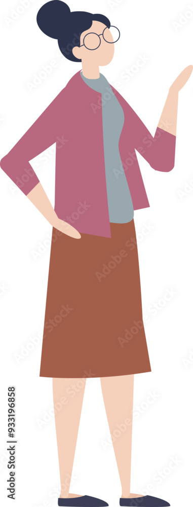 Middle-aged woman in casual attire, standing with one hand raised, wearing glasses, a cardigan, and a skirt. Middle-aged woman in casual attire, standing with one hand raised, wearing glasses, a cardigan, and a skirt.