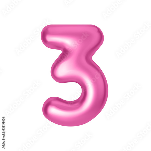 Pink metallic number 3. Foil and latex balloon number three in 3d style. Realistic design elements isolated on white background. Vector illustration