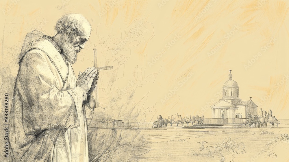 Fototapeta premium Saint Paulinus of Nola's deep faith in prayer, holding a cross, serene church, missionary dedication, beige background, Biblical Illustration, copyspace