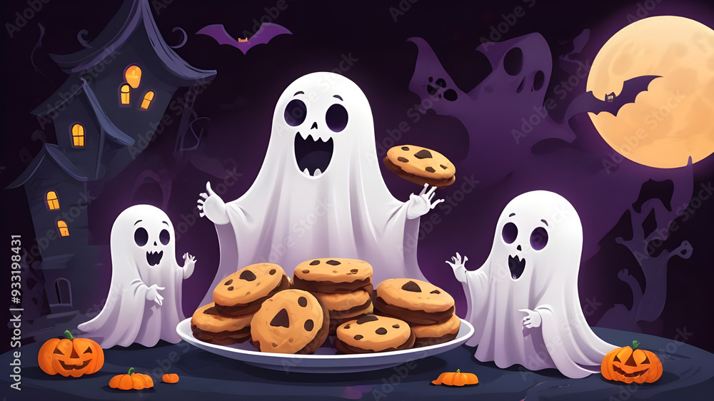 Halloween ghost eating round cookies biscuits. Halloween ghost eating round cookies biscuits.