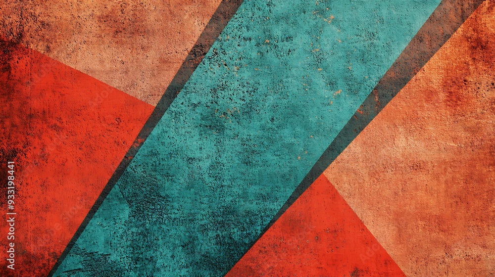 Abstract Geometric Pattern with Teal, Red, and Orange on Weathered Surface