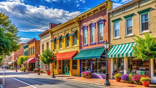 Fototapeta Naklejka Na Ścianę i Meble -  Vibrant colorful storefronts line a charming small town main street with eclectic mix of boutique shops and local businesses on a sunny afternoon.