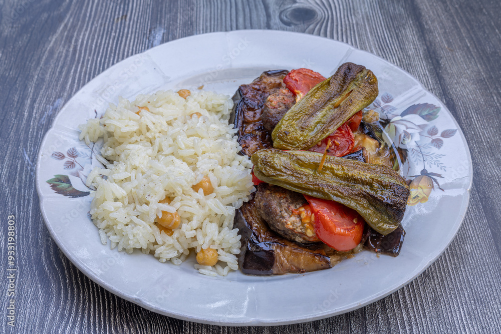 Traditional delicious Turkish food; Kofte kebab wrapped in eggplant (Turkish name; Islim - islim kebabi or kurdan kebabi)